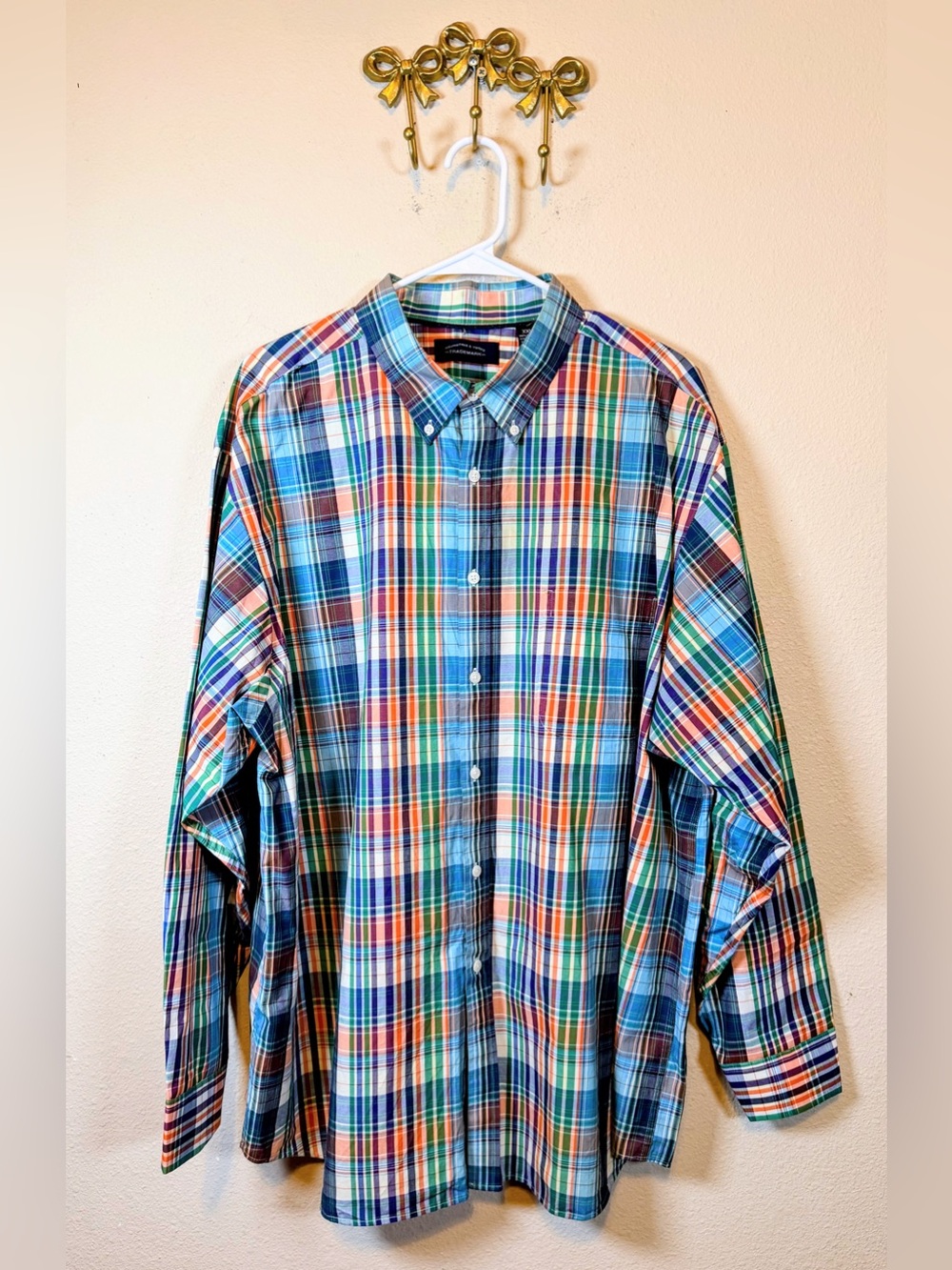 Roundtree & Yorke Blue, Green, Orange Plaid Button-Down Shirt. Size XXL